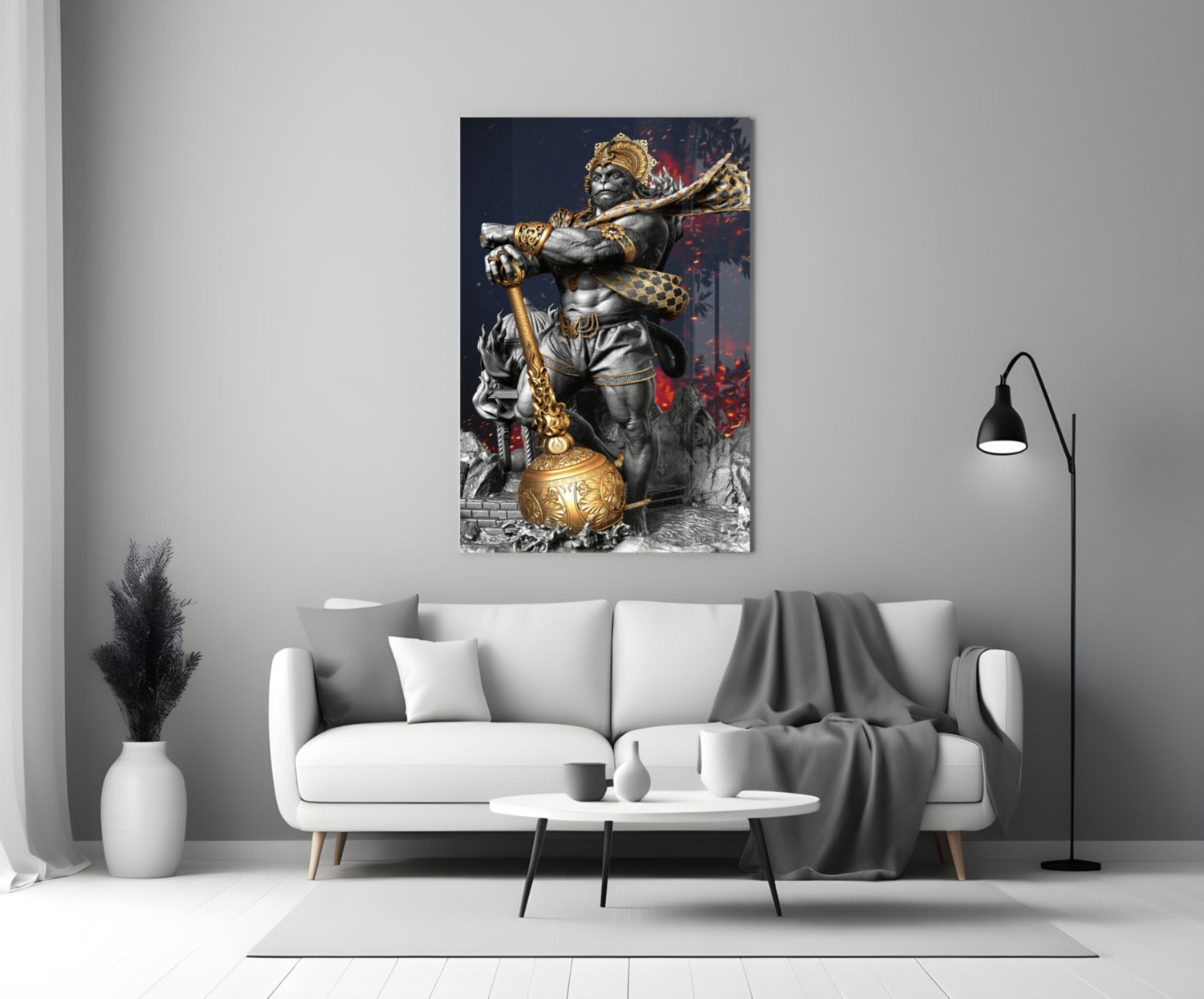 Ape King Glass Wall Art mounted above a white sofa in a modern living room interior with gray and gold accents.