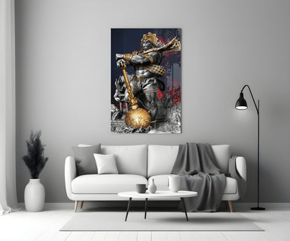 Ape King Glass Wall Art mounted above a white sofa in a modern living room interior with gray and gold accents.