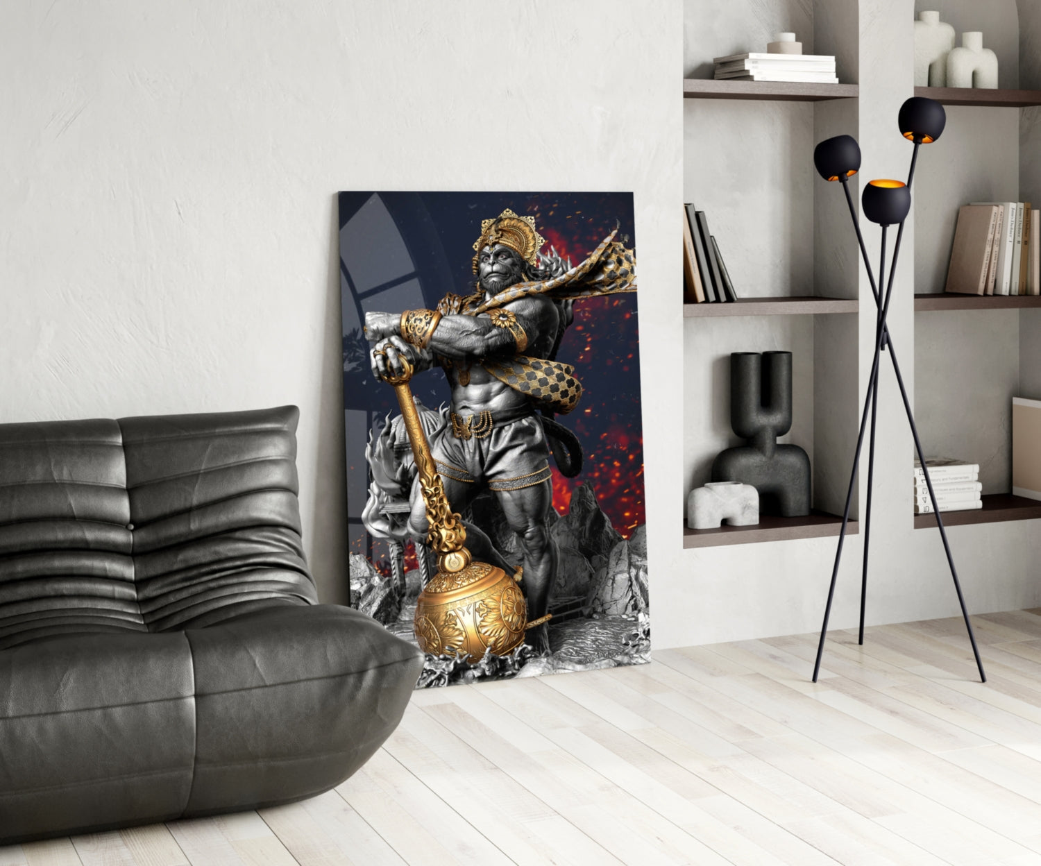 Modern living room displaying Ape King glass wall art featuring gold and silver warrior statue against dark background with red accents.