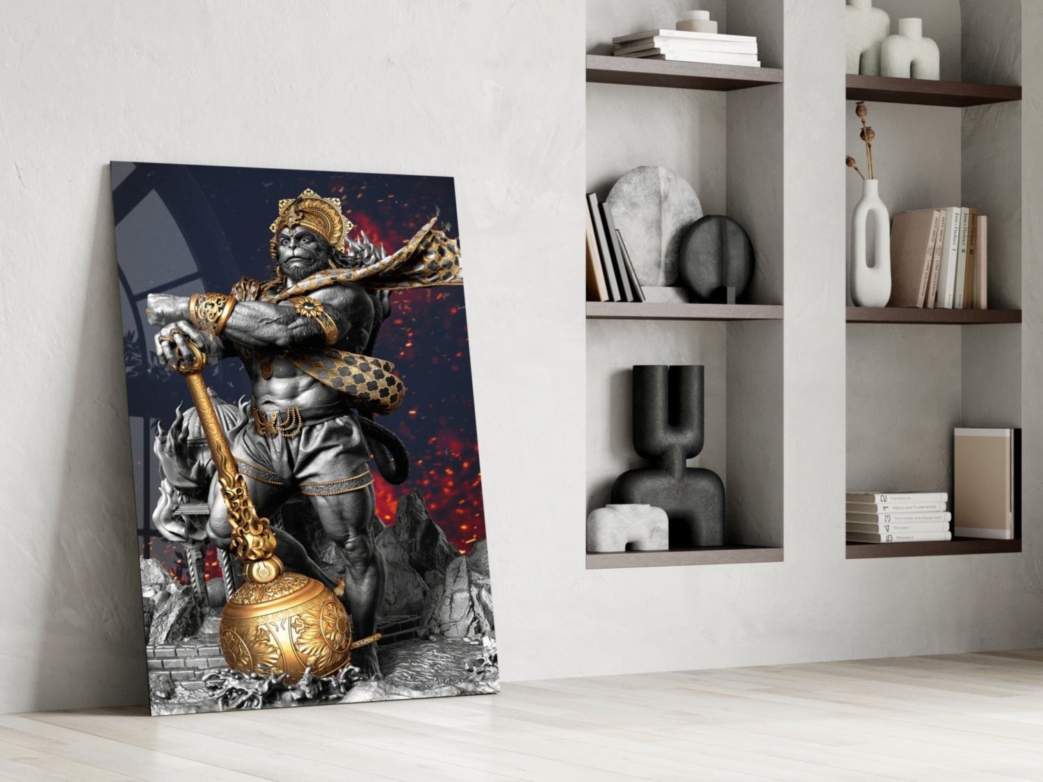 Ape King Glass Wall Art leaning against white wall beside shelving unit, displaying gold-adorned primate figure with dark background and red accents.