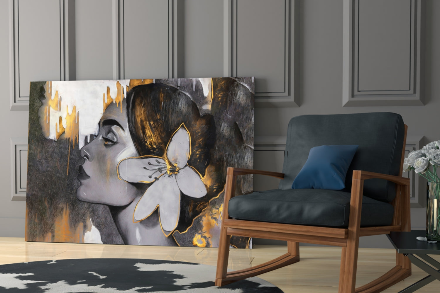 Glass wall art featuring a woman's profile with gold and black paint strokes and white flower detail displayed in modern living room setting.