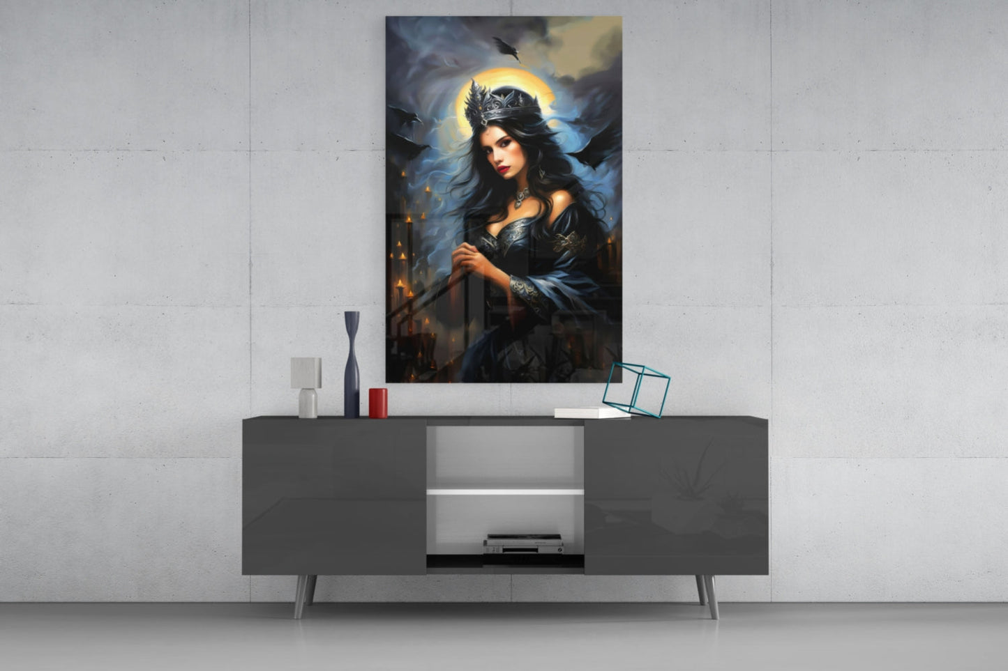Dark Queen Glass Wall Art displayed above a gray media console, showing a woman in black clothing with a crown against a glowing moon and stormy sky background.