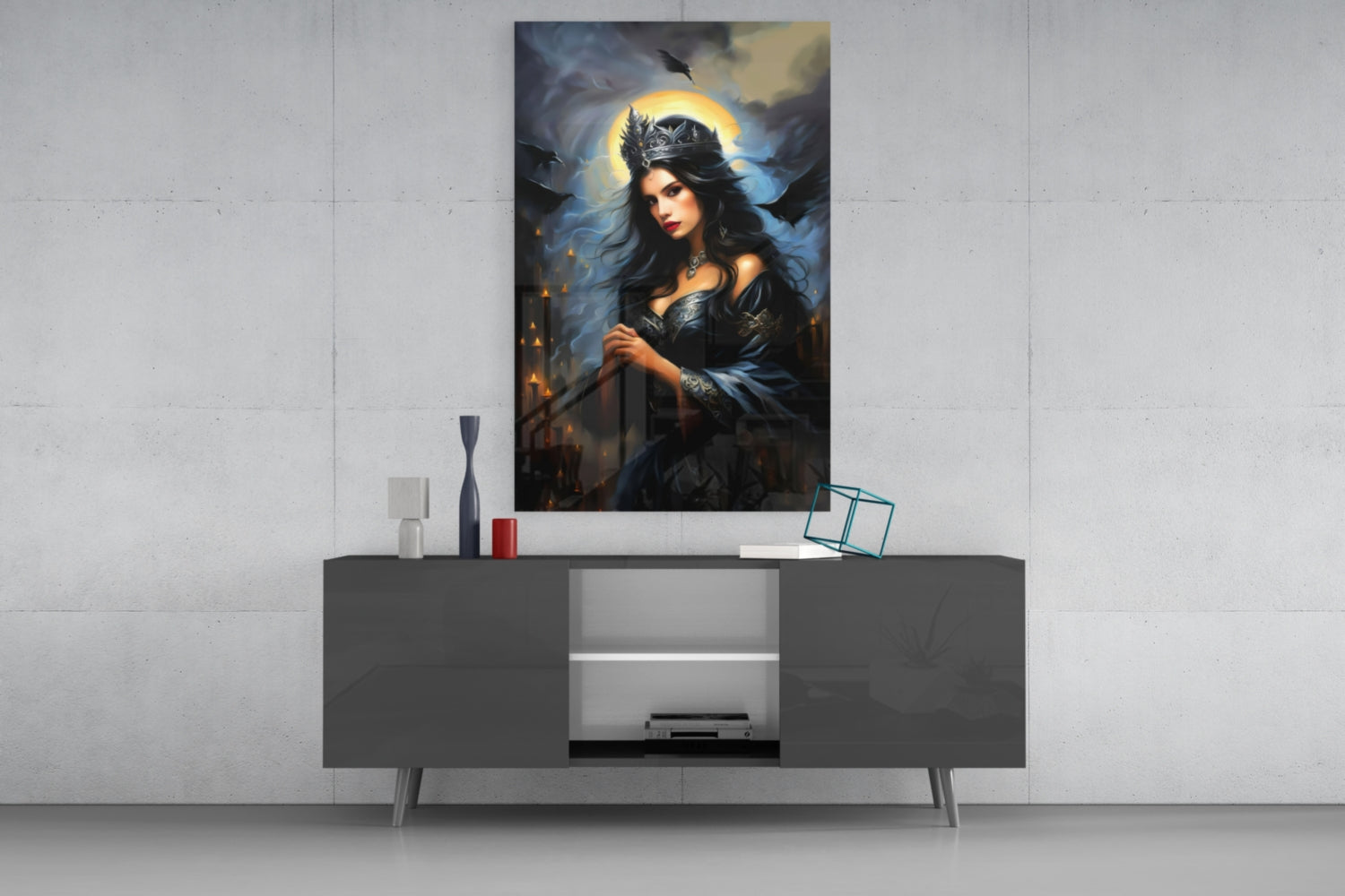 Dark Queen Glass Wall Art displayed above a gray media console, showing a woman in black clothing with a crown against a glowing moon and stormy sky background.