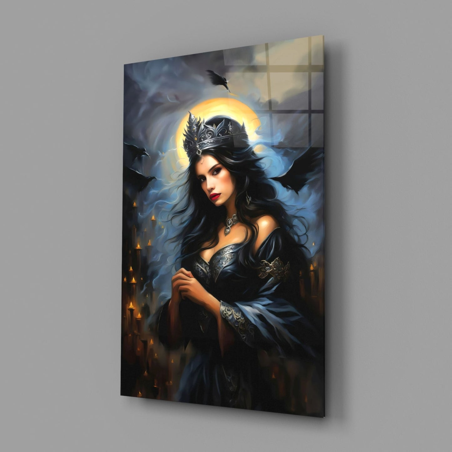 Dark-haired woman in black ornate armor and crown with glowing golden halo, mounted on glass against gray wall.