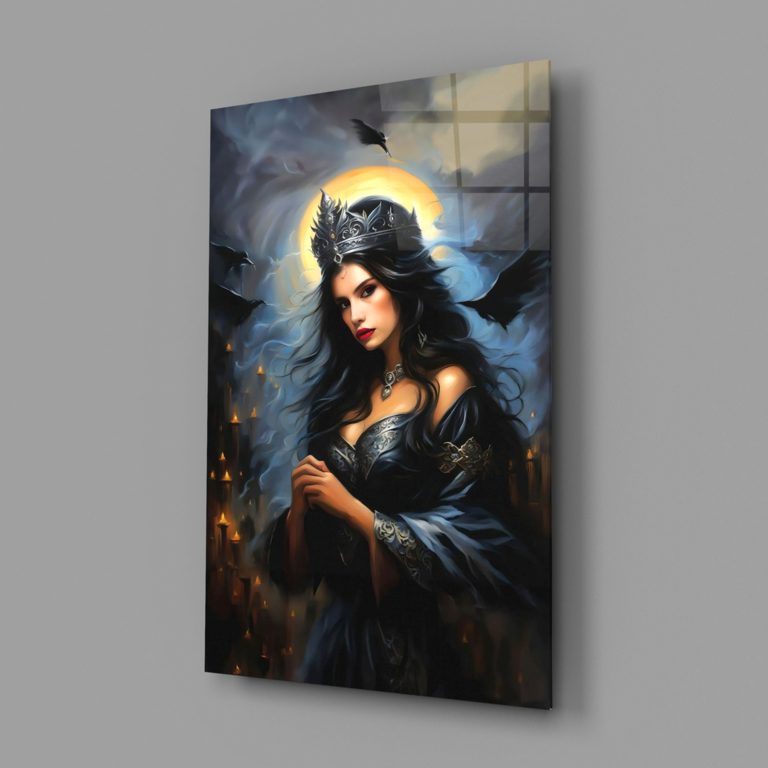 Dark-haired woman in black ornate armor and crown with glowing golden halo, mounted on glass against gray wall.