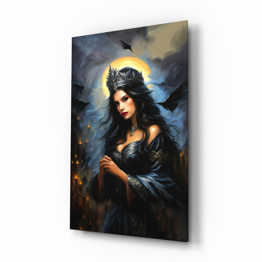 Dark-haired woman in black ornate dress and crown with golden halo, surrounded by candlelit castle towers on glass wall art panel.