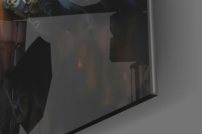Dark Queen Glass Wall Art displayed at an angle showing silhouetted profile against frosted glass surface.
