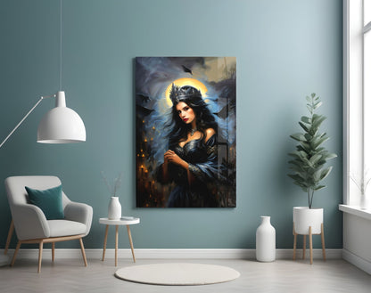 Dark Queen Glass Wall Art displayed on a teal wall above a white armchair in a modern living room setting.