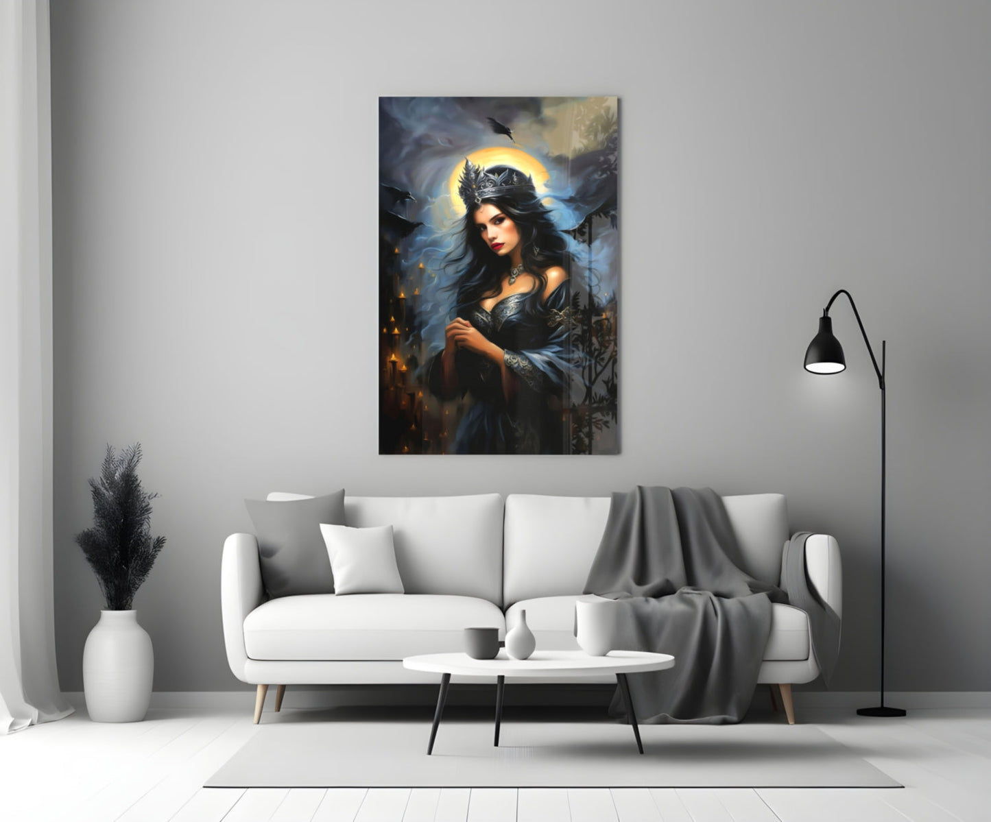 Dark Queen Glass Wall Art displayed on a living room wall above a white sofa, showing a woman with a golden halo in dark clothing.