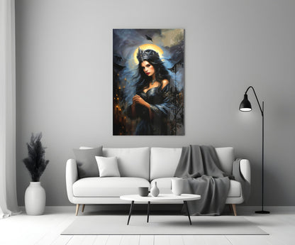 Dark Queen Glass Wall Art displayed on a living room wall above a white sofa, showing a woman with a golden halo in dark clothing.