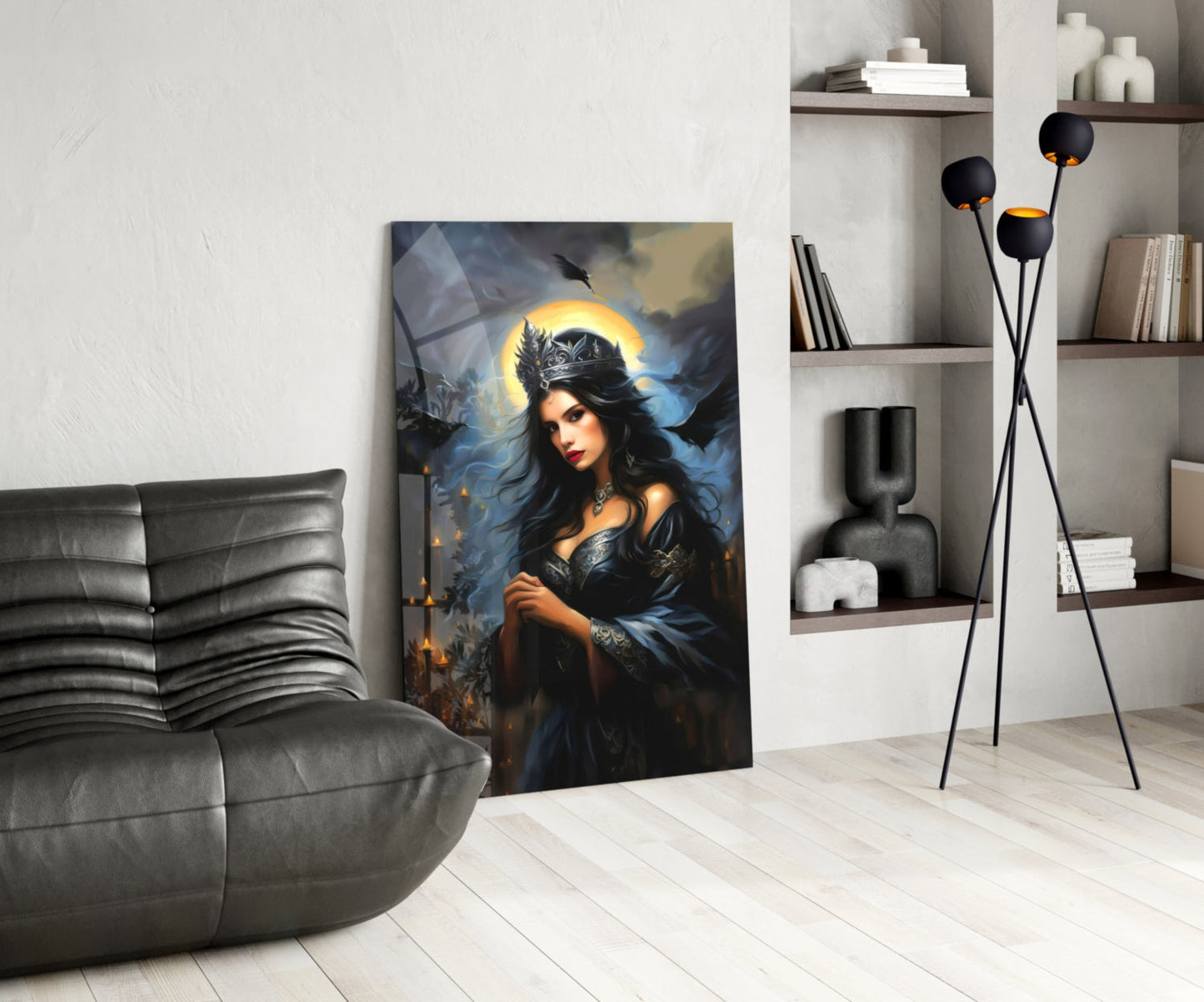 Dark queen glass wall art displayed in modern living room with gray sofa, black floor lamp, and white shelving unit.