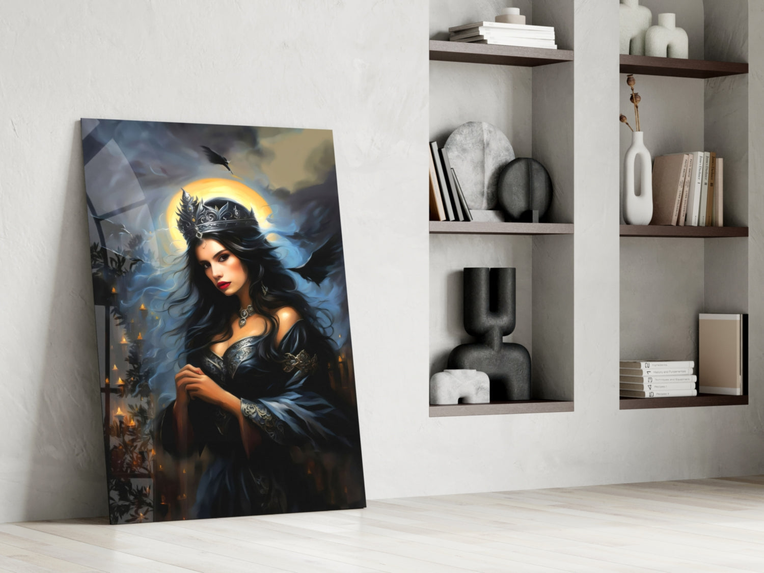 Dark Queen Glass Wall Art leaning against white wall beside built-in shelving with decorative objects and books.