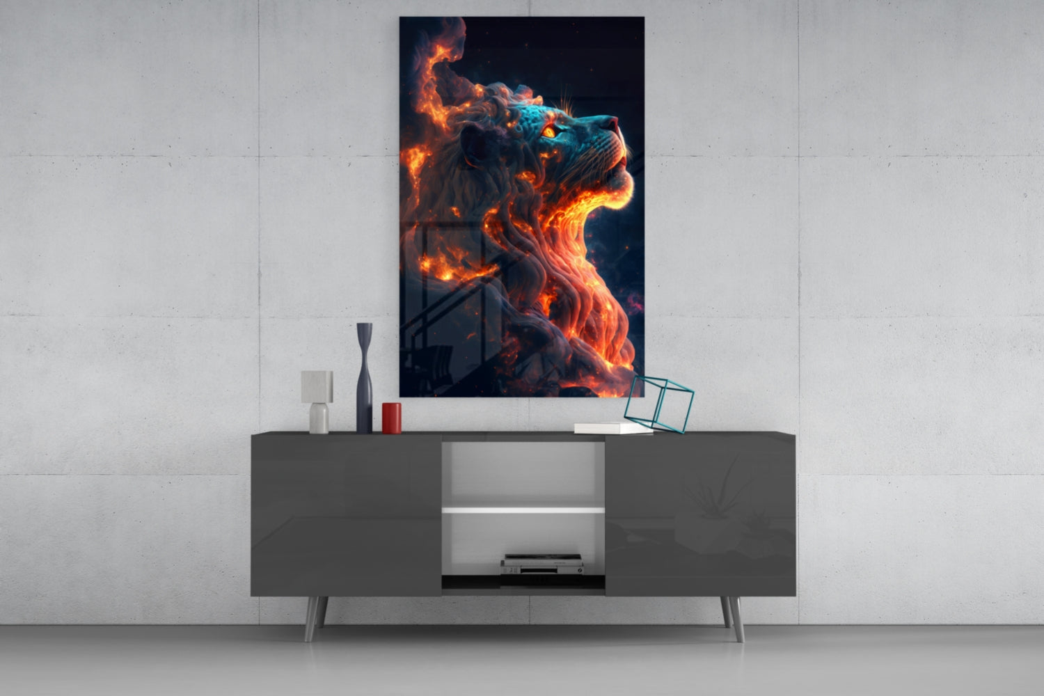 Fire Lion Glass Wall Art displayed above a dark gray media console in a minimalist room setting, showing orange flames and turquoise accents.