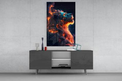 Fire Lion Glass Wall Art displayed above a dark gray media console in a minimalist room setting, showing orange flames and turquoise accents.