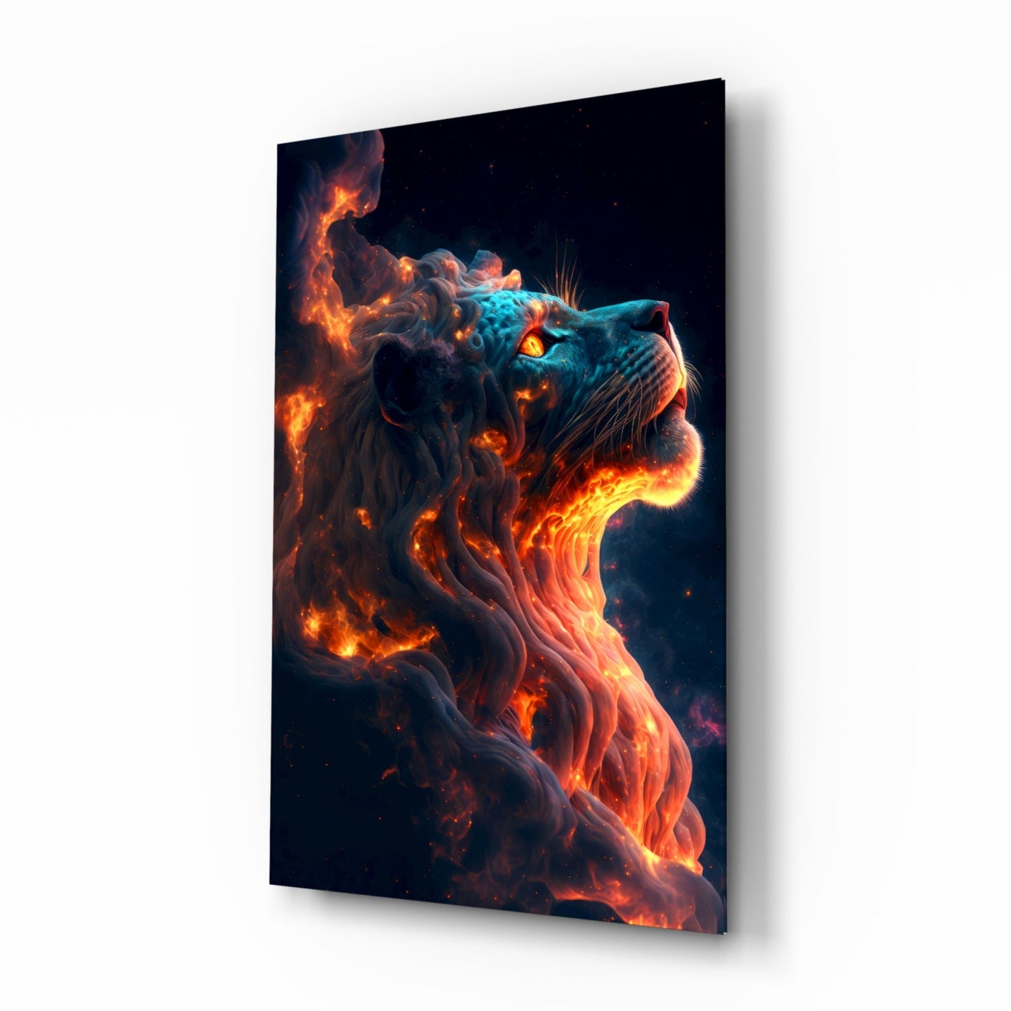Angled perspective of glass wall art displaying a lion's head engulfed in orange flames with glowing turquoise eyes against dark background.