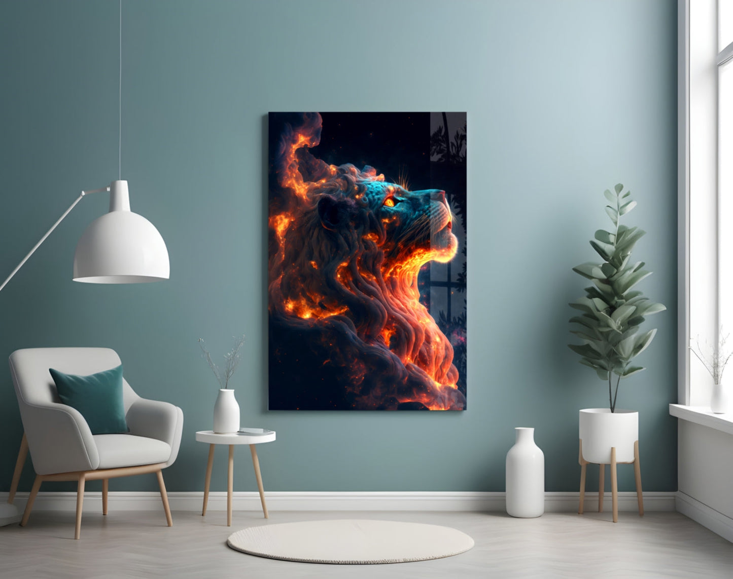 Fire Lion Glass Wall Art displayed on a teal wall above a white chair in a minimalist room setting.