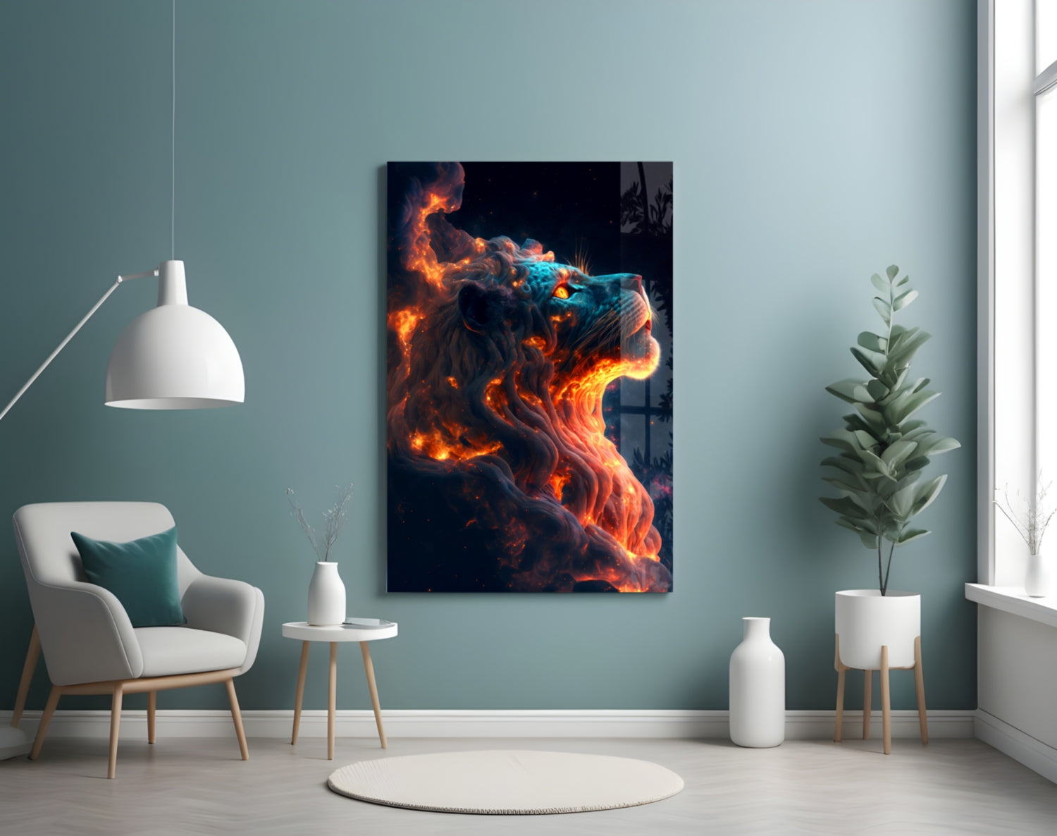 Fire Lion Glass Wall Art displayed on a teal wall above a white chair in a minimalist room setting.