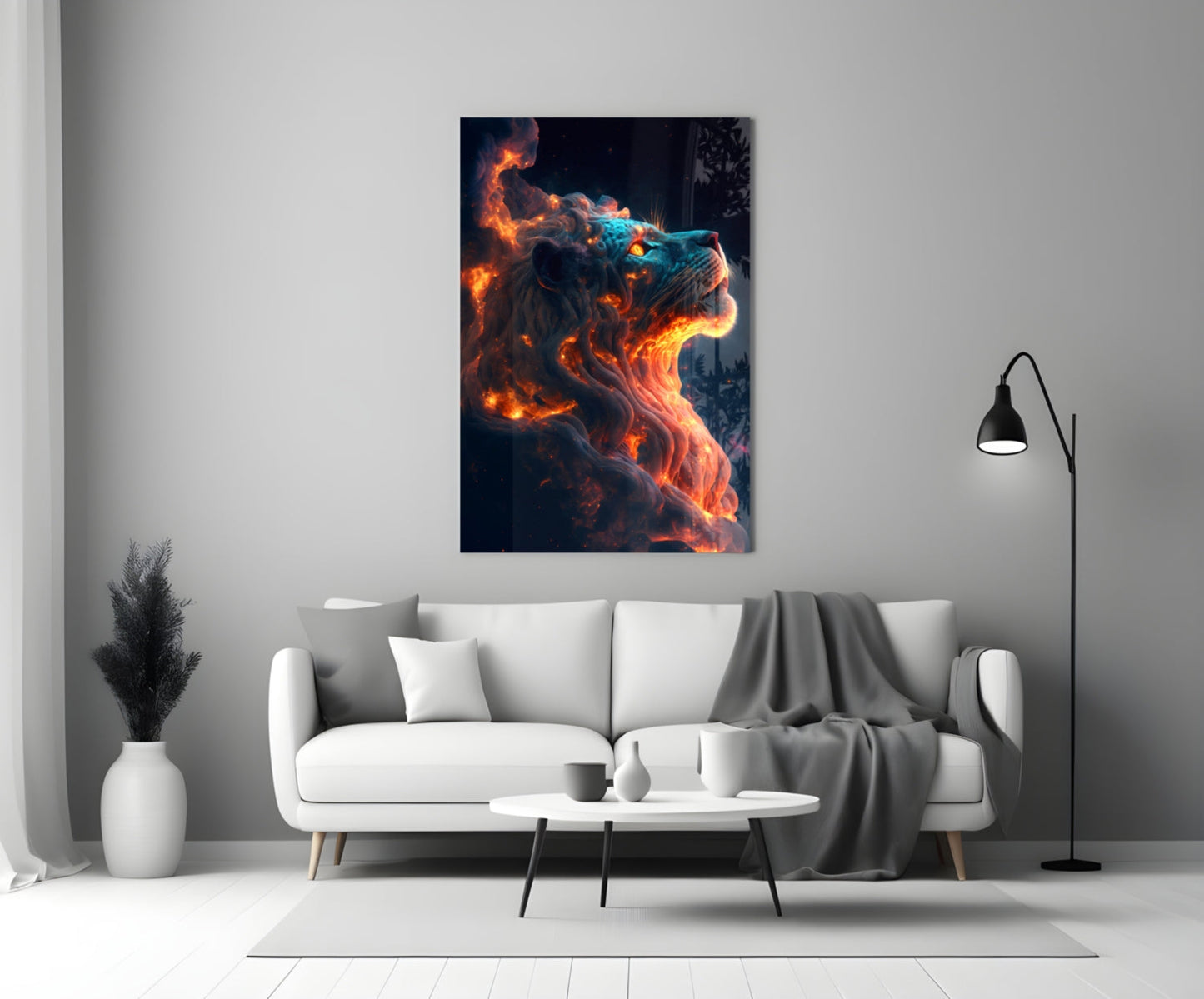 Fire Lion Glass Wall Art displayed above a white sofa in a modern living room setting, showing glowing orange and blue lion profile artwork.