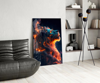 Fire Lion Glass Wall Art leaning against white wall in modern living room with gray sofa and shelving.