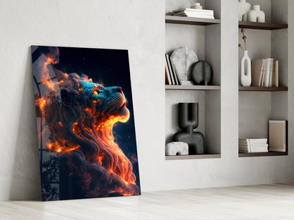 Fire Lion Glass Wall Art leaning against white wall beside built-in shelving with decorative objects and books.