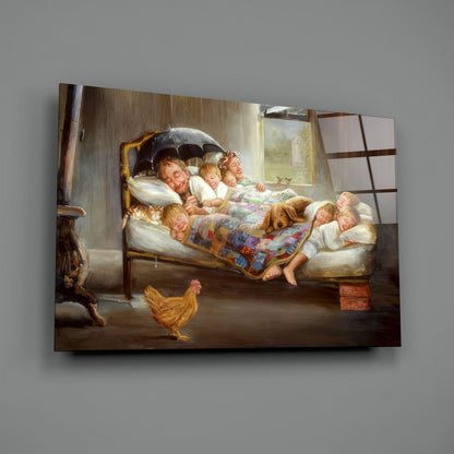 Glass wall art displaying a woman and children in bed during rain, with a rooster and dog, hung on gray wall.