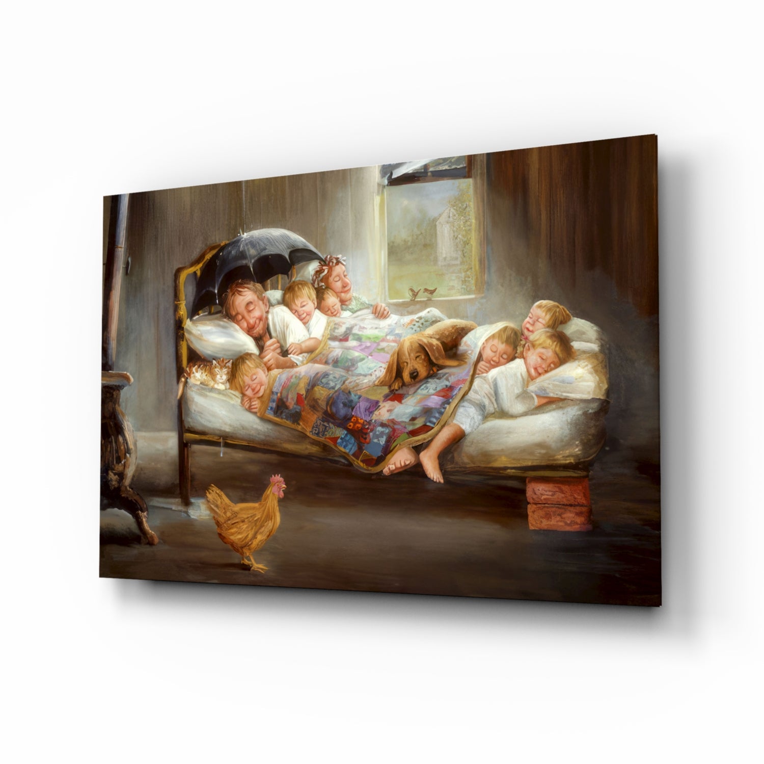 Glass wall art depicting children and adults in bed with umbrella, dog, and rooster, rendered in warm brown and cream tones.