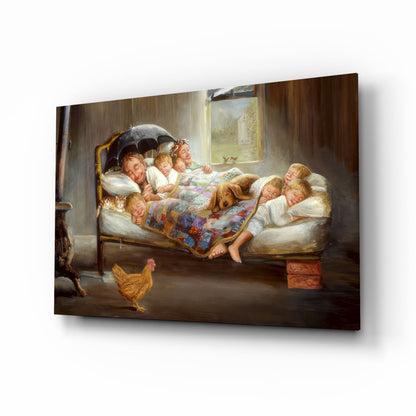 Glass wall art depicting children and adults in bed with umbrella, dog, and rooster, rendered in warm brown and cream tones.