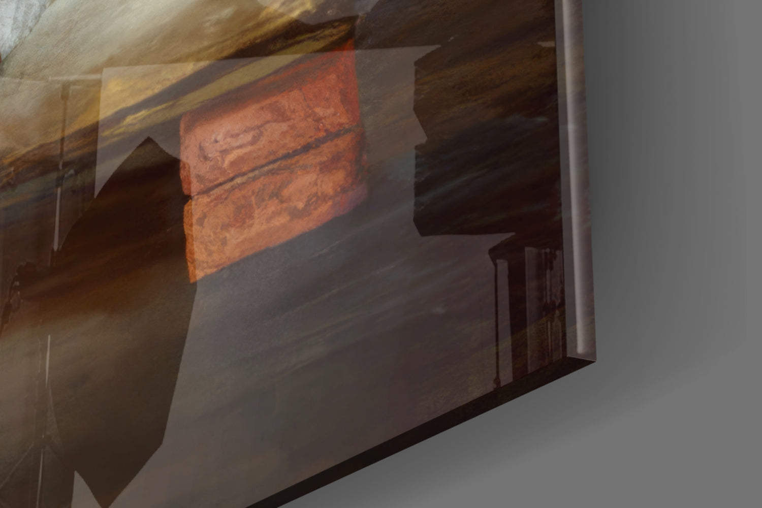 Close-up of glass wall art displaying warm amber and terracotta tones with abstract shadowing and wood beam details.