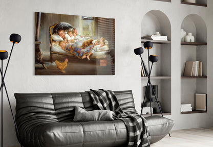 Glass wall art depicting a woman with children in bed and a chicken, displayed above a black leather sofa in a modern living room.