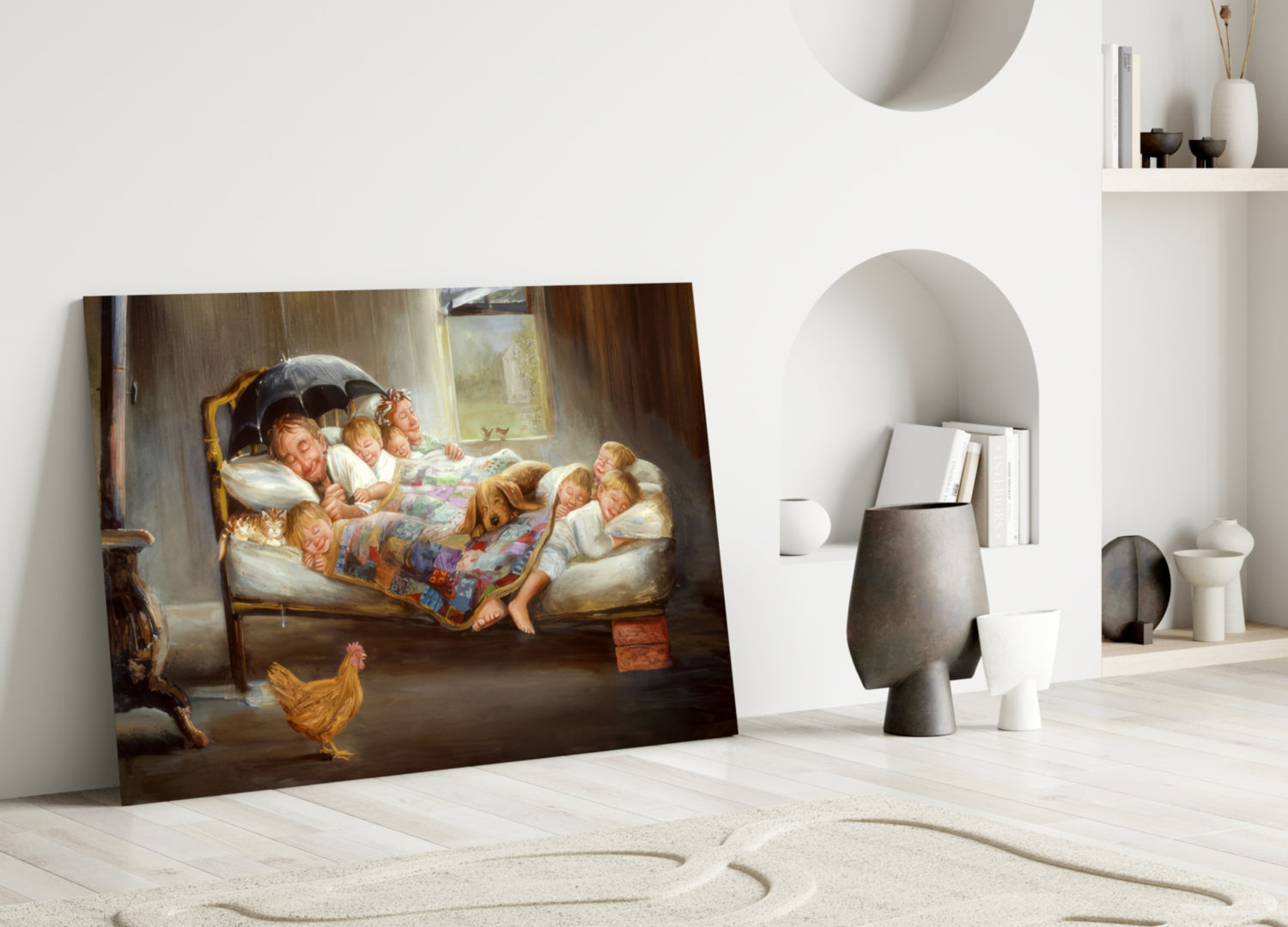 Glass wall art leaning against white wall showing children in bed with umbrella and rooster in warm interior scene.
