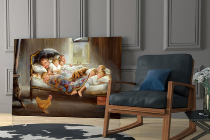 Glass wall art depicting a woman and children in bed with an umbrella and rooster, displayed in a modern living room beside a wooden chair.