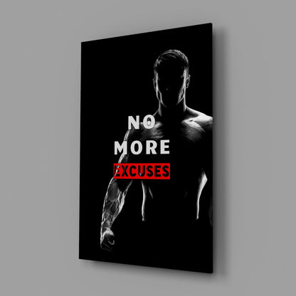 Black glass wall art featuring a shirtless man in profile with "NO MORE EXCUSES" text in white and red, displayed at an angle.