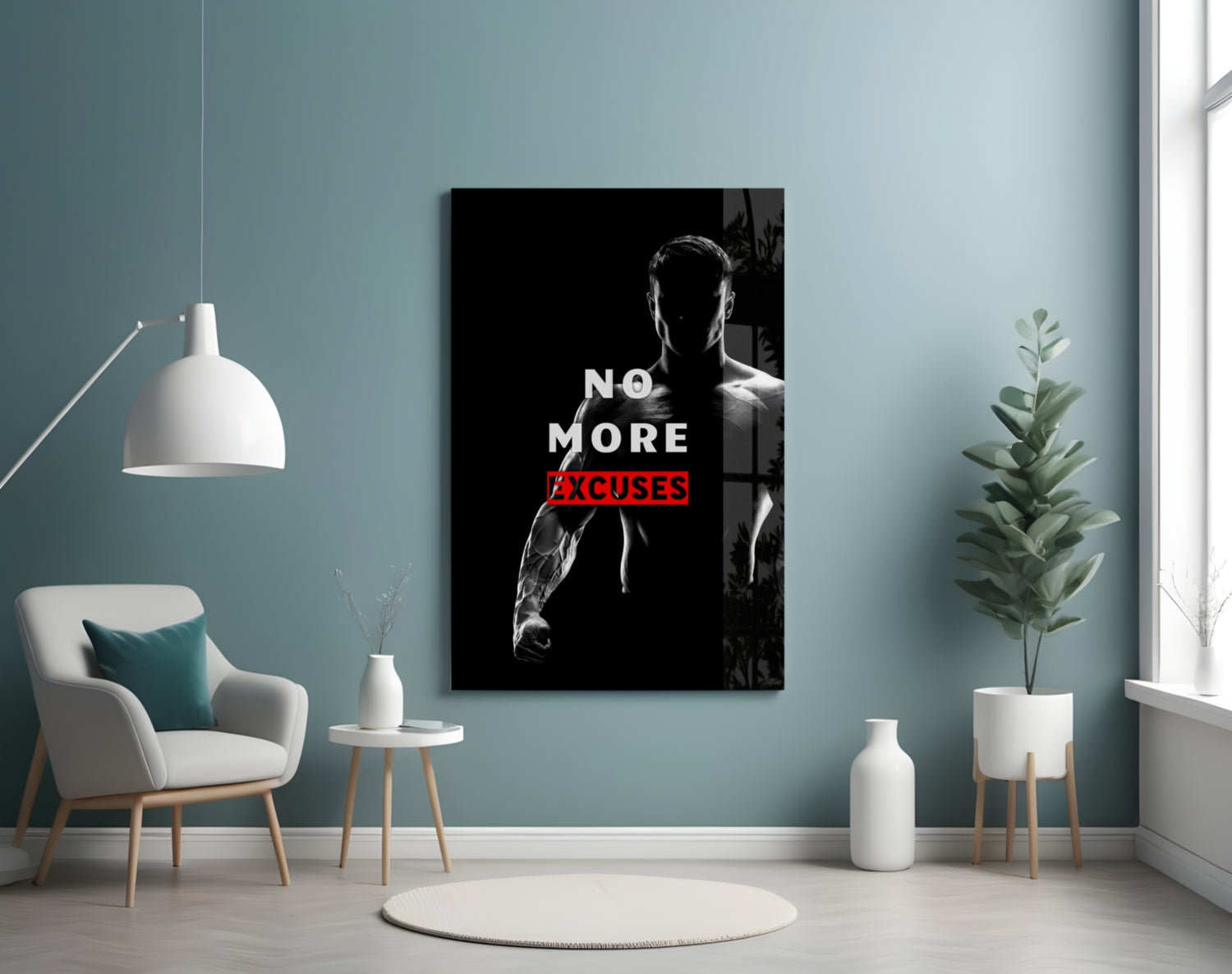 Black and white glass wall art featuring muscular man with "NO MORE EXCUSES" text in red, displayed in light blue room with chair and plants.