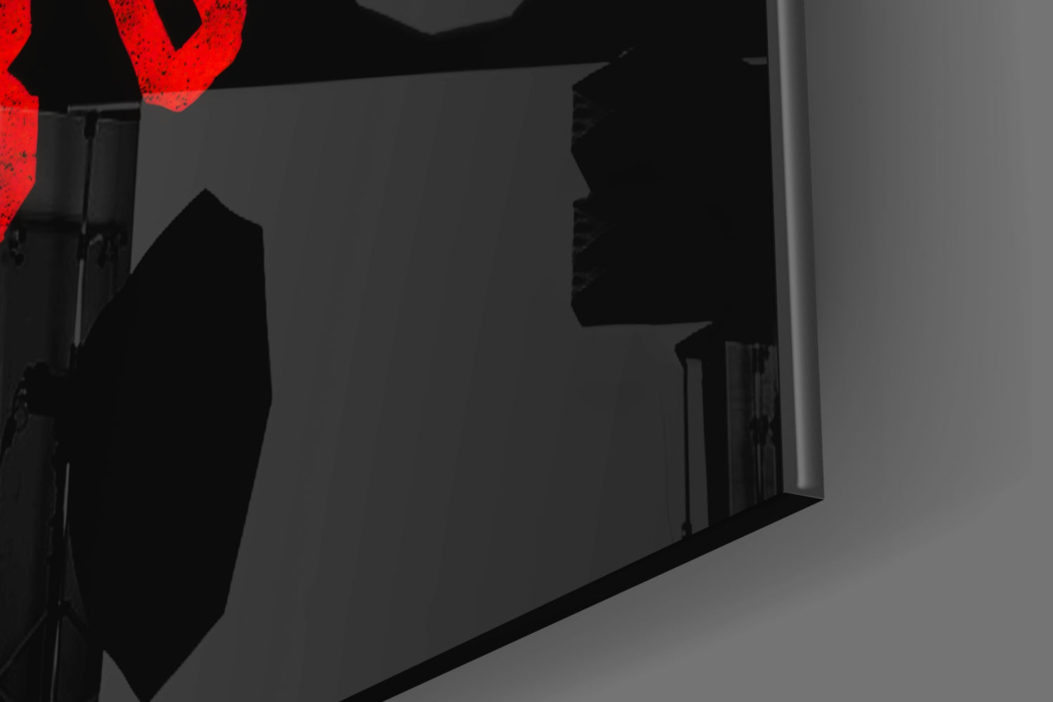 Red neon "Make Mistakes" text glowing above dark silhouettes of geometric glass wall art panels in shadowy interior.