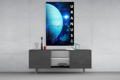 Uranus Glass Wall Art mounted above a gray media console, displaying a blue planet with "URANUS" text on black background.