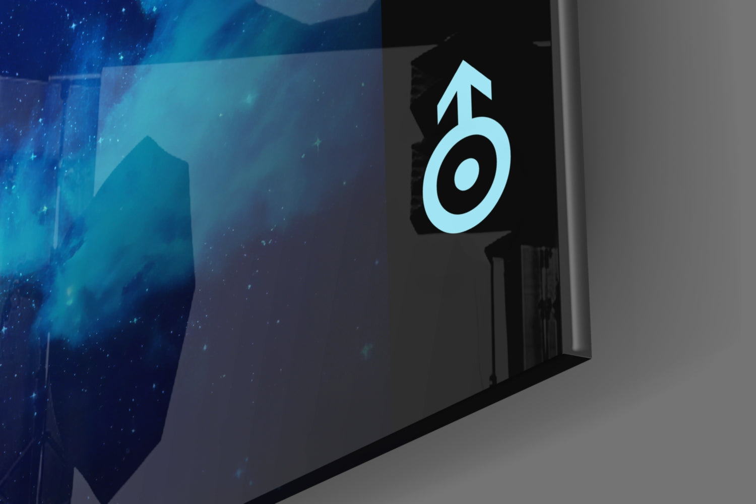 Illuminated light blue Uranus symbol mounted on black glass wall panel against digital blue background.