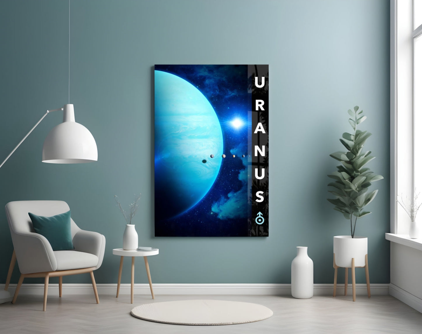Modern living room interior featuring Uranus glass wall art displaying a blue planet with "URANUS" text, surrounded by minimalist furniture and plants.