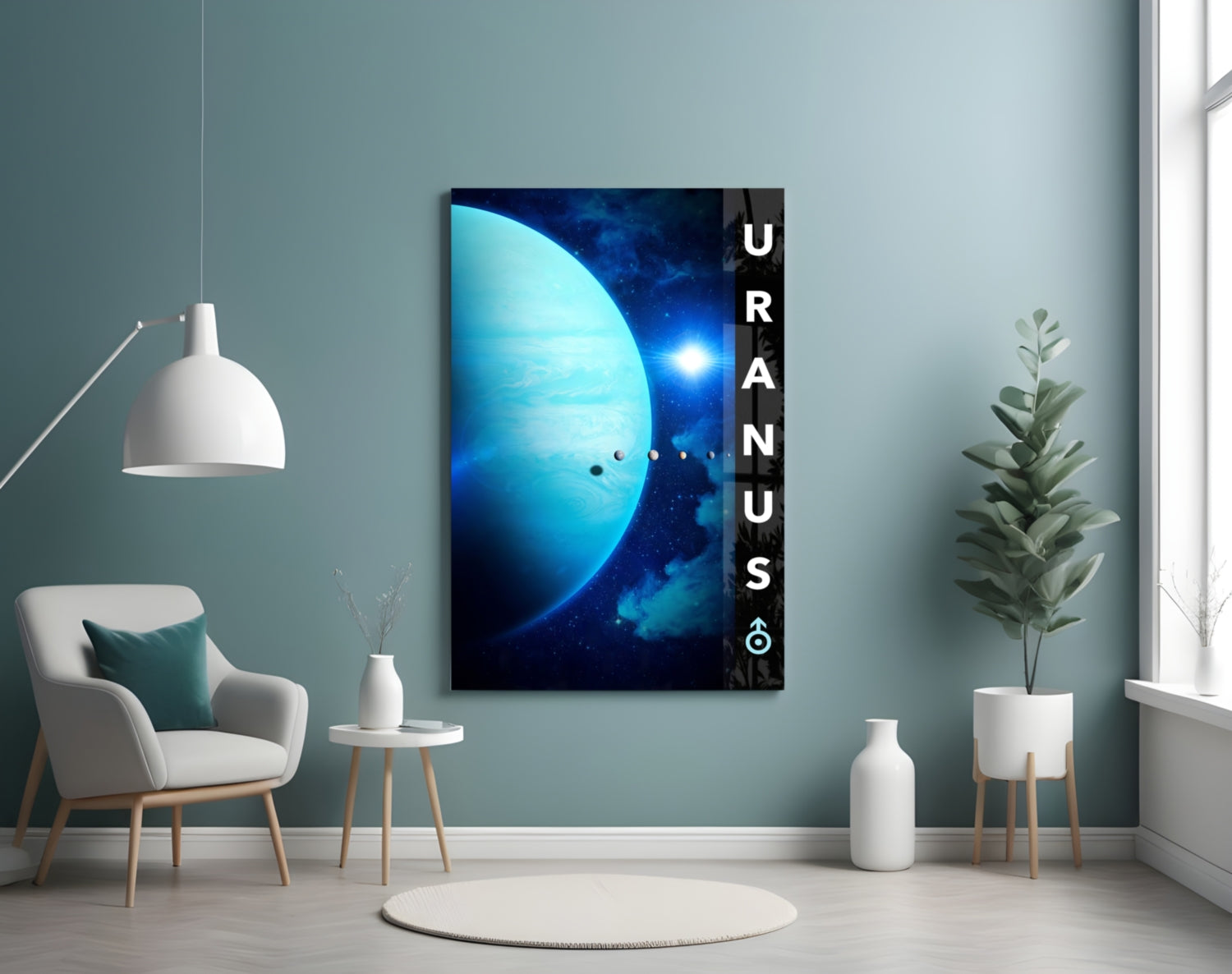 Modern living room interior featuring Uranus glass wall art displaying a blue planet with "URANUS" text, surrounded by minimalist furniture and plants.
