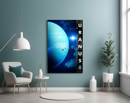 Modern living room interior featuring Uranus glass wall art displaying a blue planet with "URANUS" text, surrounded by minimalist furniture and plants.
