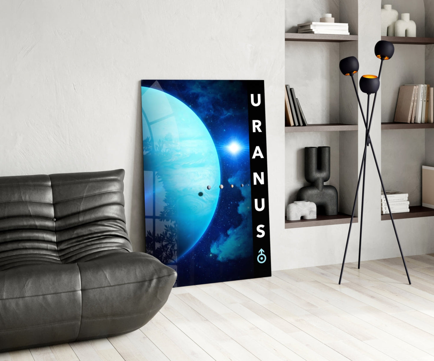 Modern living room displaying vertical glass wall art featuring glowing blue planet with "URANUS" text on black side panel.