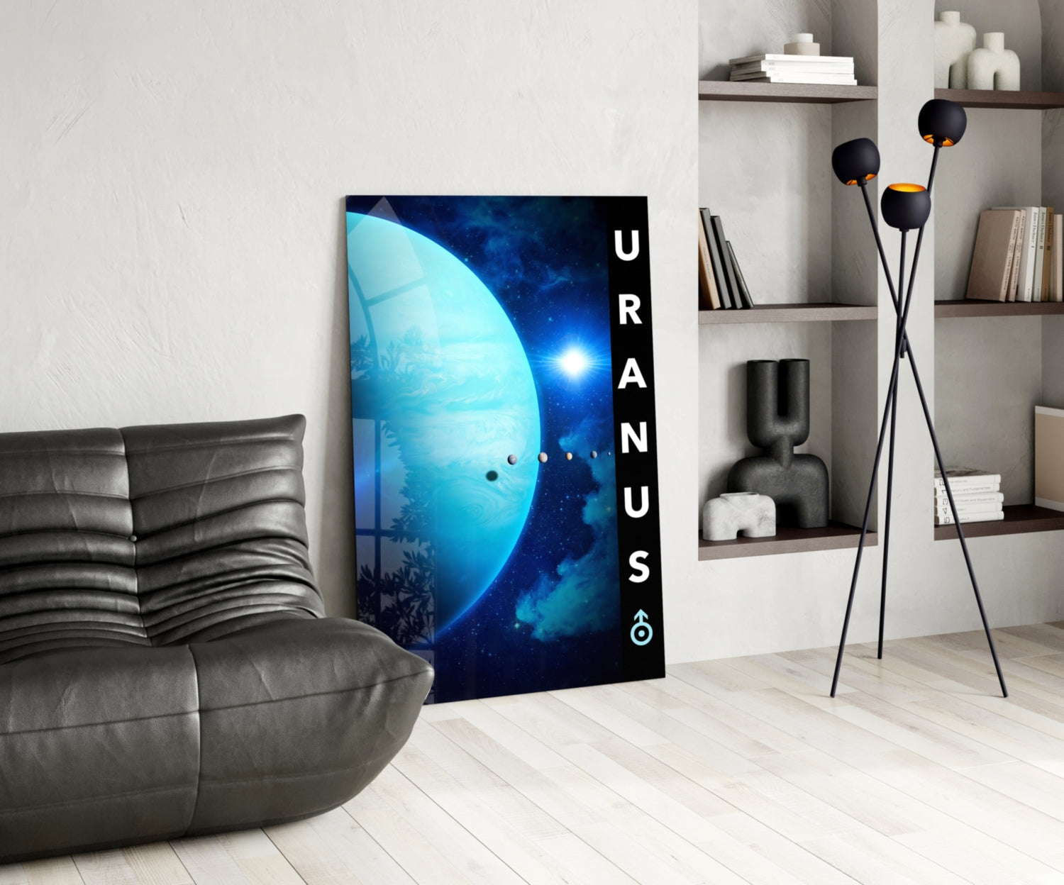 Modern living room displaying vertical glass wall art featuring glowing blue planet with "URANUS" text on black side panel.