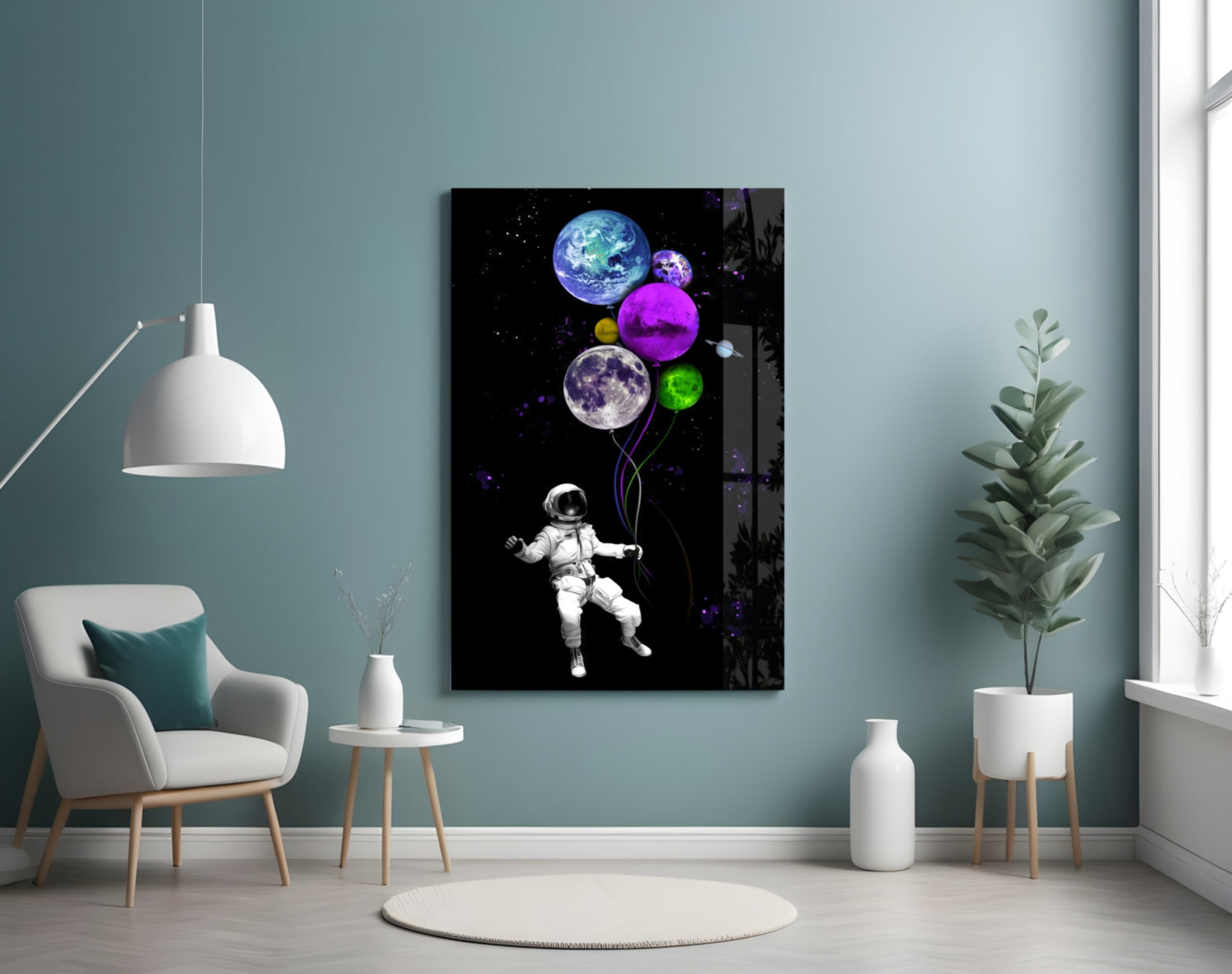 Astronaut holding colorful planet balloons in space, displayed on wall in modern room with teal walls and white furniture.