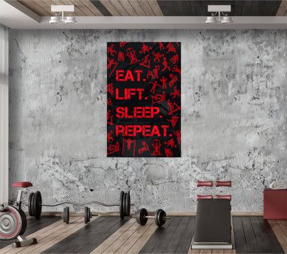 Red Gym Icons Eat Lift Sleep Repeat Glass Wall Art