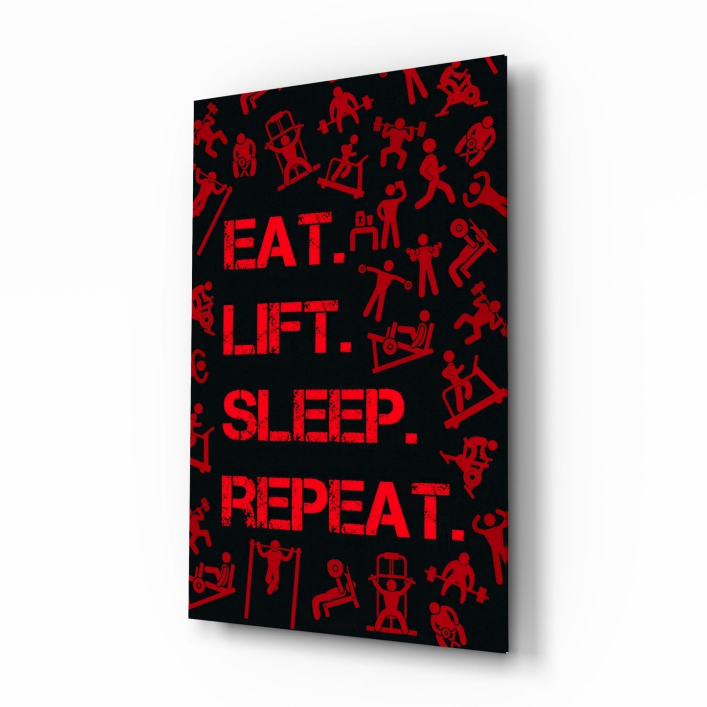 Red Gym Icons Eat Lift Sleep Repeat Glass Wall Art
