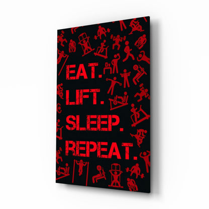 Red Gym Icons Eat Lift Sleep Repeat Glass Wall Art