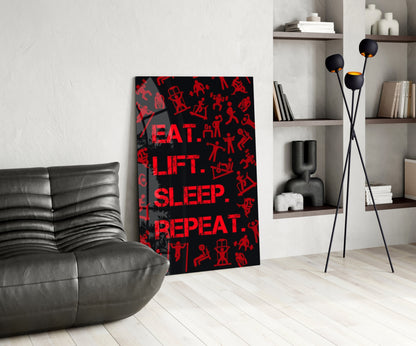 Red Gym Icons Eat Lift Sleep Repeat Glass Wall Art