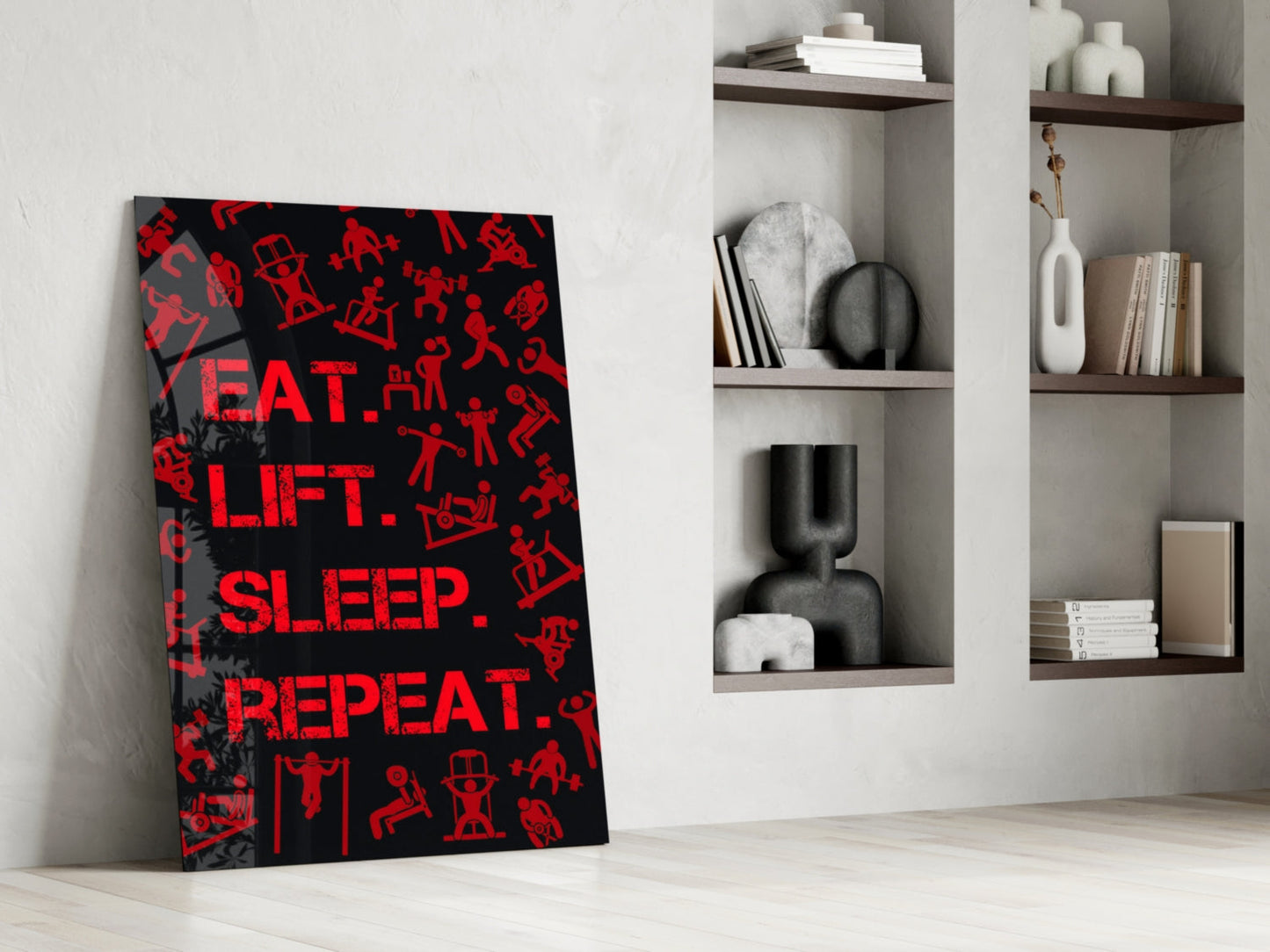 Red Gym Icons Eat Lift Sleep Repeat Glass Wall Art