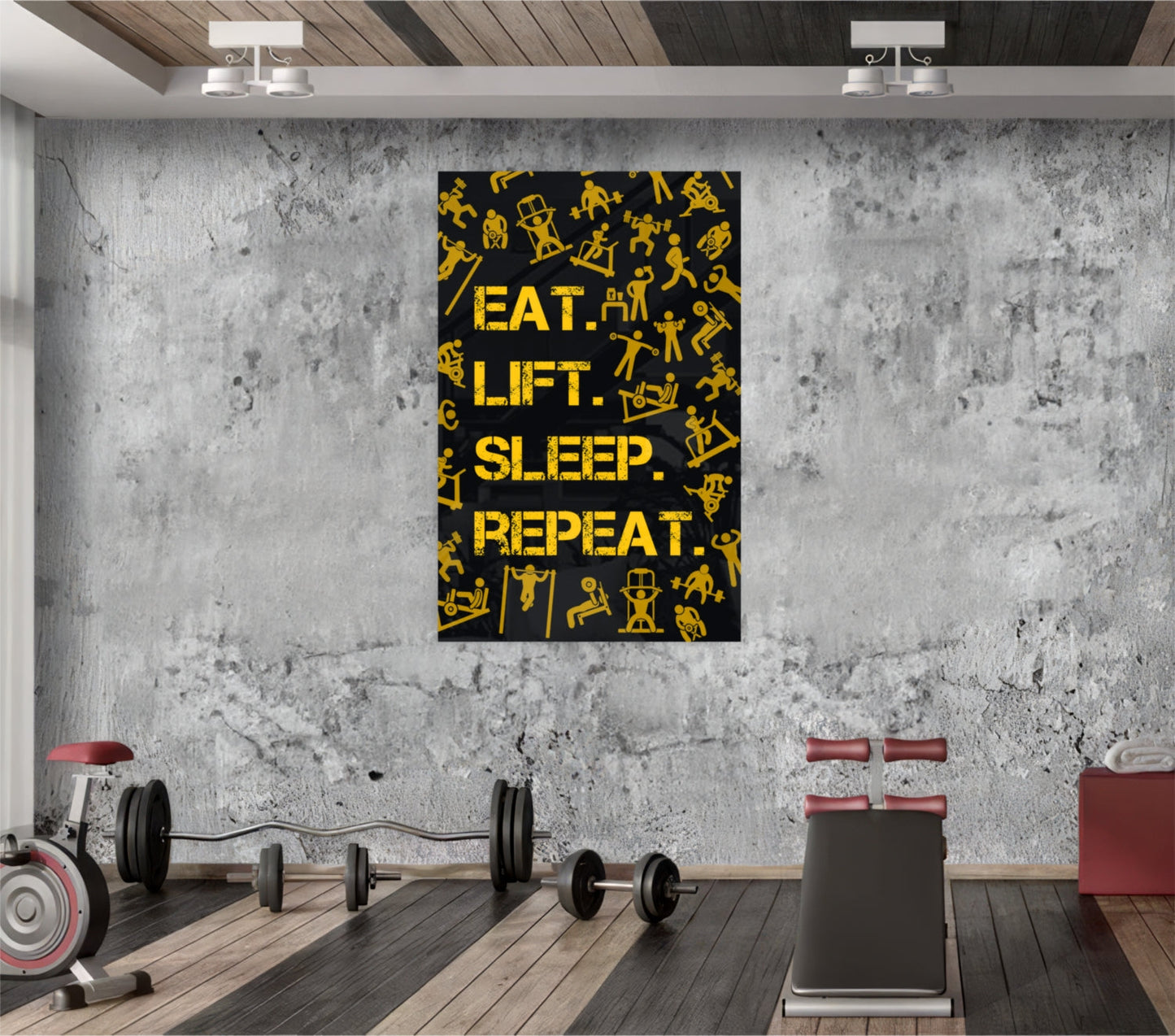 Golden Yellow Fitness Symbols Slogan Glass Wall Art