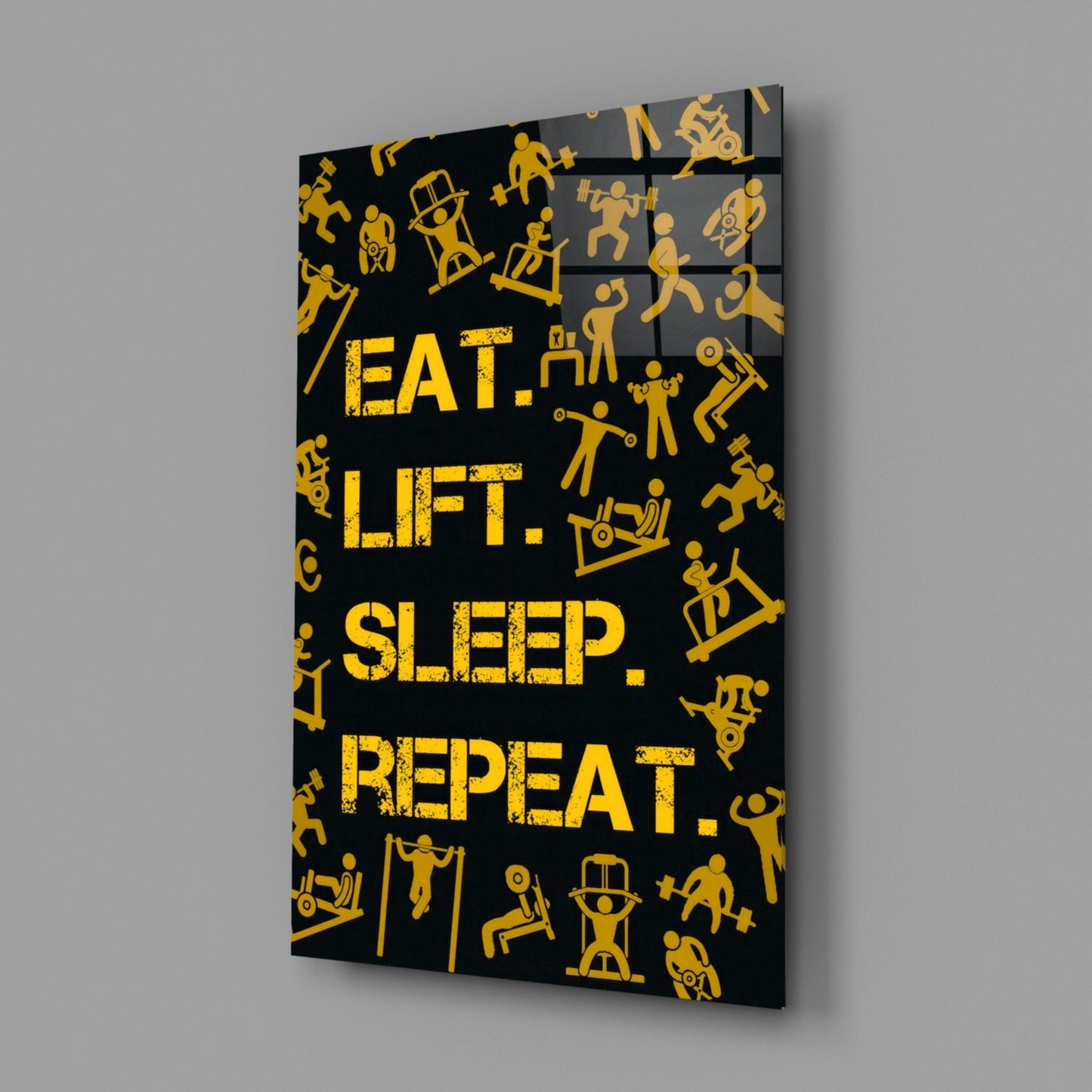 Golden Yellow Fitness Symbols Slogan Glass Wall Art