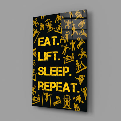 Golden Yellow Fitness Symbols Slogan Glass Wall Art